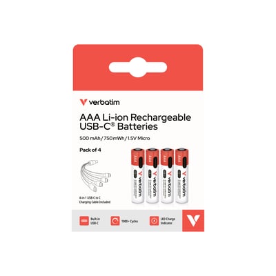 Forsiden af emballagen til Verbatim genopladelige AAA-batteri med USB-C viser batterier og opladningskabel.