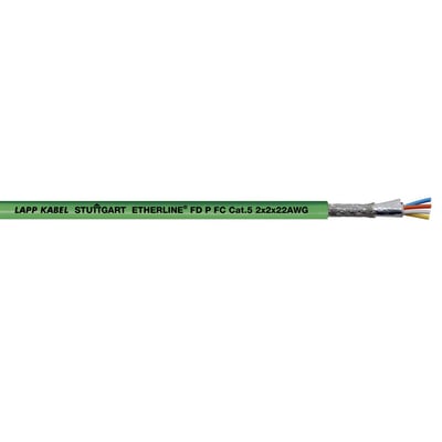 Lapp ETHERLINE FD P FC CAT5 netværkskabel med 2x2xAWG22 ledere og afskærmning, vist med afisoleret ende. Kabelfarve er grøn med hvid tekst.