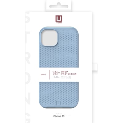 Urban Armor Gear iPhone 13 Dot Cover i cerulean blå silikone præsenteret i sin emballage, der fremhæver 16 fod drop protection og MagSafe-kompatibilitet.