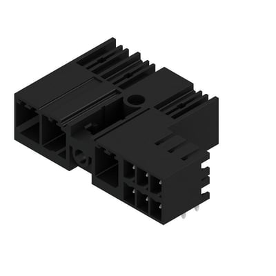 Weidmüller hybridkonnektor til printmontering med tre poler og 90° vinkel, set skråt ovenfra.