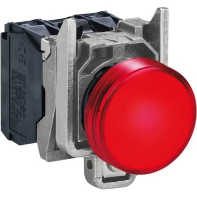 Schneider Electric signallampe med rød LED, 120V AC, 22mm hulmål, viser montering og bagvedliggende komponenter.