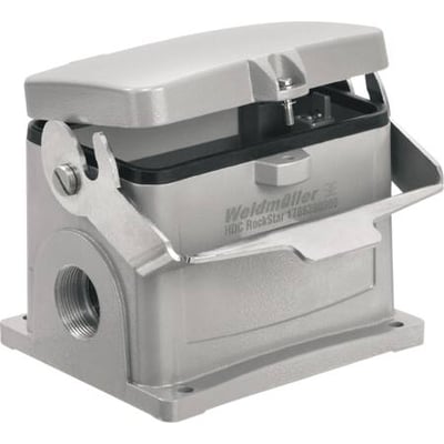 Weidmüller HDC industristik sokkelhus i størrelse 12, grå, med en bøjle og plads til 2xPG29 kabelforskruninger.