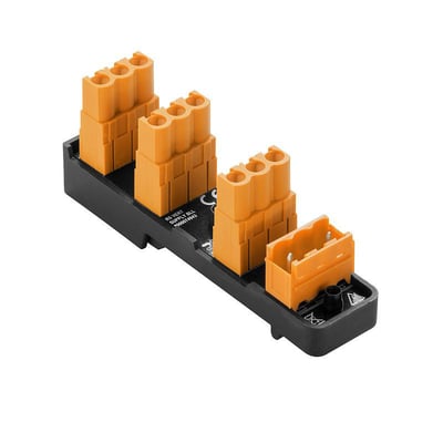 Weidmüller interface- og overførselsmodul med orange stik og sort base, set skråt oppefra.