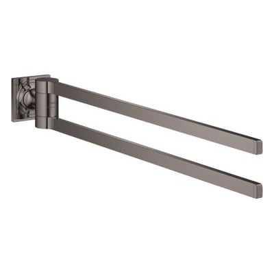 Grohe Allure New dobbelt håndklædestang i poleret Hard Graphite med to stænger og vægbeslag, set skråt fra siden.
