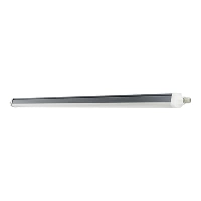 Ledvance Damp Proof Flex DALI-armatur på 42 W og 1500 mm, set skråt fra siden med lang, gråhvid profil og tilslutning i enden.