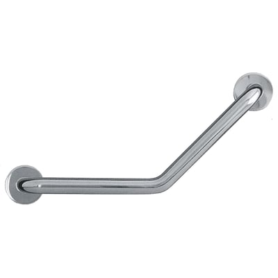 Intra Juvel TBBP-010 støttehåndtag i børstet stål med vinklet design, 457x457 mm, monteret på hvid baggrund.