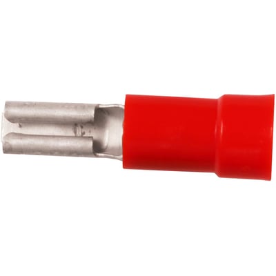 Nærbillede af Elpress isoleret spademuffe, med fokus på den røde polycarbonat isolering og messing-forbindelsen til 2,8x0,5mm spadestik.