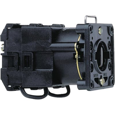 Schneider Electric drejeomskifter K1D032B med 12 positioner og 12A nominel strøm, set fra siden med sorte plastkomponenter og metaldele.