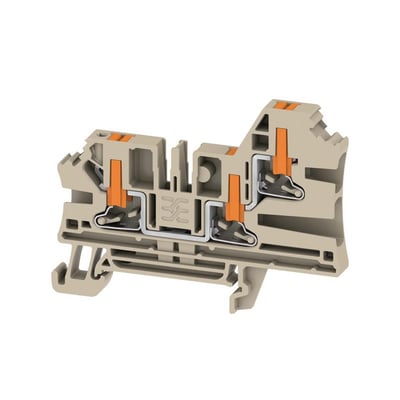 Detaljeret snit af Weidmüller gennemgangsklemme AL3C 4, der viser den interne PUSH IN-mekanisme for 4mm² ledere i beige.
