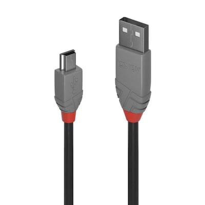 Sort 2 meter langt USB 2.0 kabel med type A og Mini-B stik. Begge stik er grå med rød detalje.