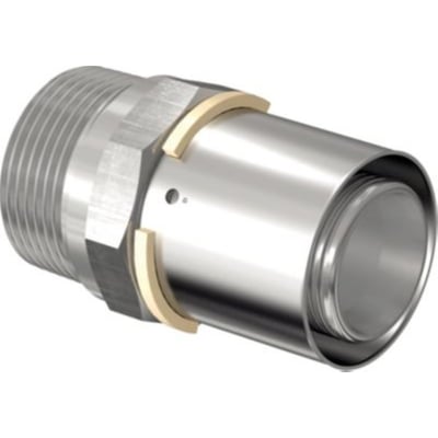 Detaljebillede af Uponor S-Press kobling med 63 mm rør, 2" gevind og gyldne presringe, fremhæver metaloverfladen.