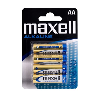 Maxell alkaline AA LR6 batterier i 4-pakning, gul med blå og hvide detaljer og tydelig Maxell logo.