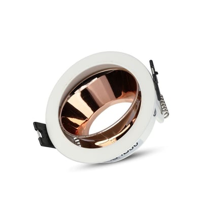 V-TAC GU10 lampe med rund hvid ramme og rose guld inderside, viste på hvid baggrund.