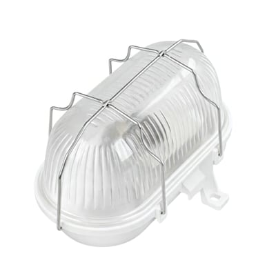 Lumenlight TOBI klassisk oval skotlampe i hvid med rillet glasskærm og beskyttende metalgitter, E27.