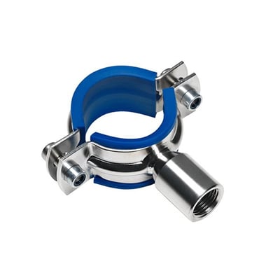 Rustfri rørholder til levnedsmiddelindustrien, max 65,5 mm, med blåt plastindlæg og 1/2" gevind.