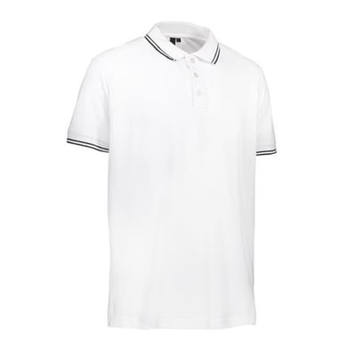 ID Identity stretch poloshirt i hvid piquékvalitet med kontraststriber på kraven og ærmer i størrelse L.
