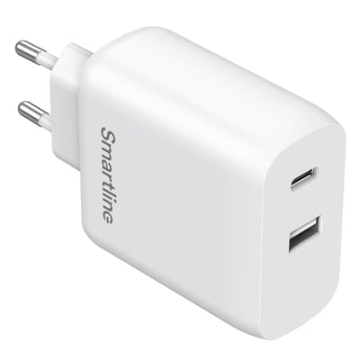 Smartline hvid væglader med USB-C og USB-A porte, der understøtter PD 65W og QC 12W.