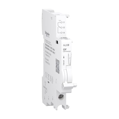 Schneider Electric Acti9 iOF signalkontakt med 1 OC, 2mA, skrueklemme i bunden. Enheden er hvid og viser tekniske specifikationer på siden.