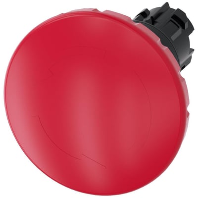 Siemens nødstop med rundt, rødt paddehattryk og sort bagmontering. Trykket har en diameter på 60 mm og et tydeligt nødstopsymbol.