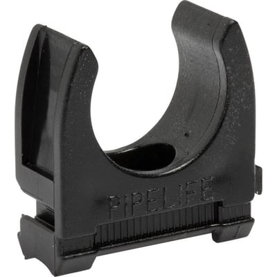Pipelife UV-bestandig rørholder i sort PVC til 16mm installationsrør med logo tydeligt markeret.
