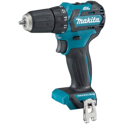 Makita CXT DF332DZ 12 V bore-/skruemaskine i turkis og sort, set skråt forfra med momentindstilling og greb.