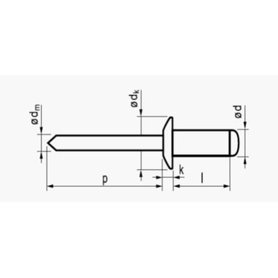 Teknisk tegning af MFX blindnitte 4,8x16 mm med rundhoved i aluminium, med dimensioner markeret.