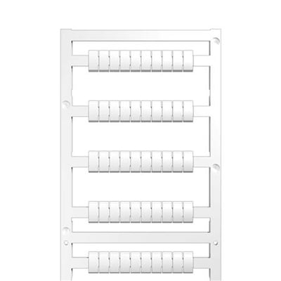 Weidmüller MF Multicard klemmemærker i hvid. Mærkerne sidder på en skinne og er klar til trykning.