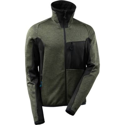 Mascot fleecetrøje i mosgrøn og sort, med høj krave, lynlås og brystlomme i moderne, kropsnær pasform.