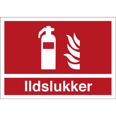 Brandskilt i plast med røde og hvide symboler, viser en hvid ildslukker ved siden af hvide flammer og teksten 'Ildslukker' i A5-format.