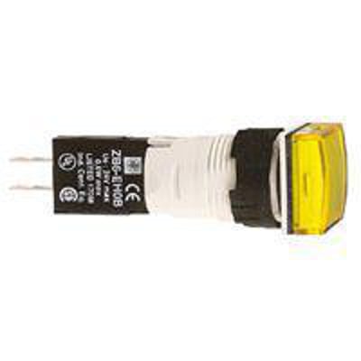 Schneider Electric kvadratisk gul lampe XB6CV5BB med frontring i plast og tilslutningsben på sort baggrund.