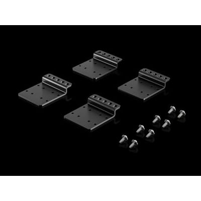 Fire Rittal VX IT monteringsbeslag til 19" profilskinner, vist sammen med skruer på sort baggrund.