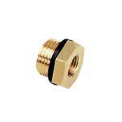 Parker reduktion i messing med udvendig G3/8 BSPP og indvendig G1/4 BSPP gevind, med sort o-ring.