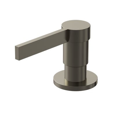 Lavabo Alkymist sæbedispenser i Dark Bronze med cylindrisk pumpehoved, langt vandret betjeningsgreb og rund monteringsfod.