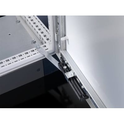 Rittal lågefiksering til flugtveje, viser monteringsdetaljer på et TS, SE, PC TS skab i metal og plast.