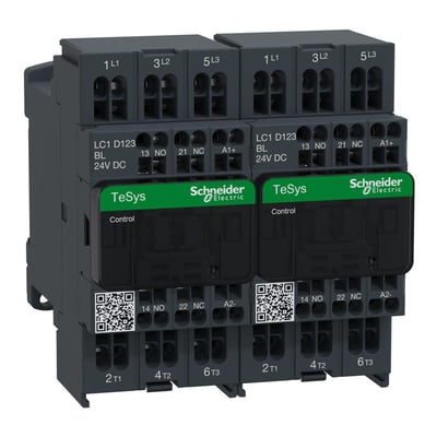 Schneider Electric TeSys D reverseringskontaktor med 12A, 24V DC spænding og 3-polet konfiguration.