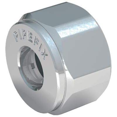 Broen Pipefix omløber til 12mm rør med 3/8 gevind, en høj kompressionskobling med klemring i poleret metal.