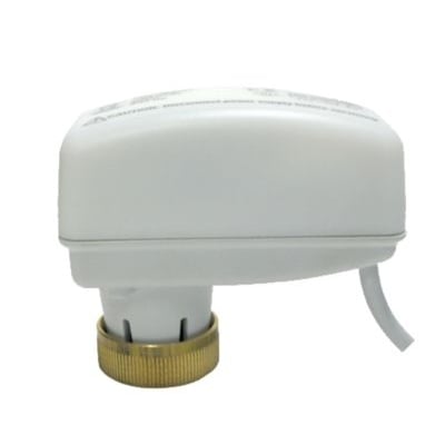 Sidevisning af Frese Optima Compact aktuator i hvid plast med detaljeret koblingsring og tilslutningskabel.