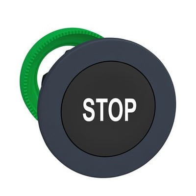 Schneider Electric Harmony XB5 flush trykknap i sort med hvidt "STOP" mærkat, monteringsring i grøn synlig bagpå.