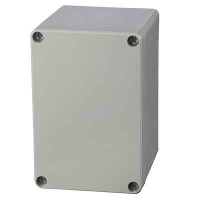 Fibox Euronord kasse 80x120x85 i polycarbonat med gråt dæksel og synlige rustfri ståldækselskruer på hvid baggrund.