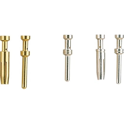 Forskellige Harting crimpbøsninger i guldfarvet og sølvfarvet metal, velegnet til 1.0mm2 kabler og 16A.
