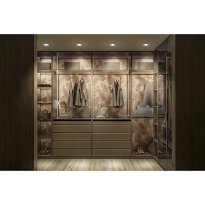 Indendørs garderobeløsning med indbygget belysning, hængende tøj og skuffer i en moderne stil.