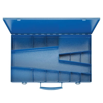 Klauke SK65L stålkasse åben, viser 13 rum fordelt på 12 små og 1 stort, med blå hammerslaglakeret finish.