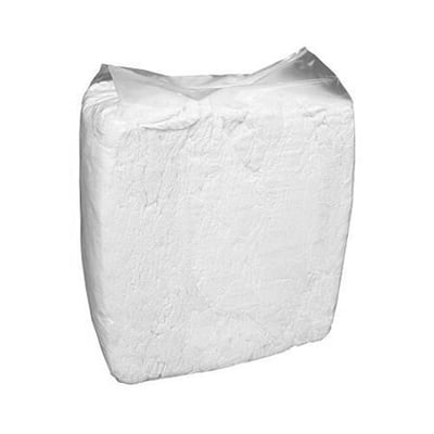 Hvide frottehåndklæder på 10 kg samlet i en stor, plastindpakket pakke set forfra.