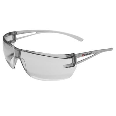 Nærbillede af Zekler sikkerhedsbrille 36, med fokus på den klare polykarbonatlinse og de ridsefaste egenskaber.