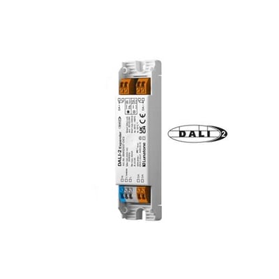 DALI-2 Expander S modul, en DALI-2 certificeret enhed til udvidelse af DALI-systemer med orange og blå terminaler.