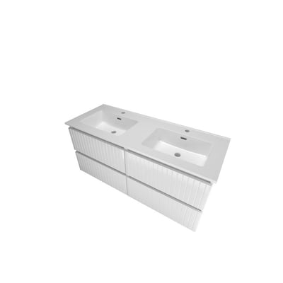 Sanibell Proline møbelsæt i hvid højglans med dobbelt porcelænsvask og fire grebsfrie softclose skuffer.