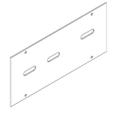 Eaton Tabula iso-skærmplade Q-box 2, vist som en teknisk tegning med tre aflange monteringshuller og fire små forborede huller.