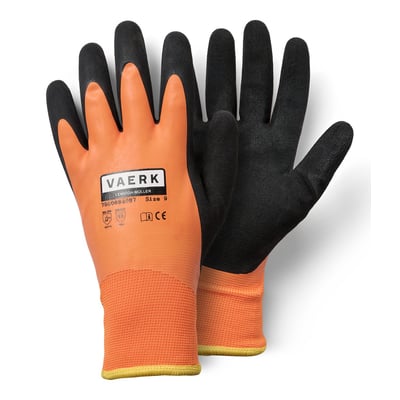Work Termo heldyppede latex handsker i str. 9 med orange ribkrave og sorte, teksturerede fingre og håndflade. Logo og CE-mærke ses tydeligt.