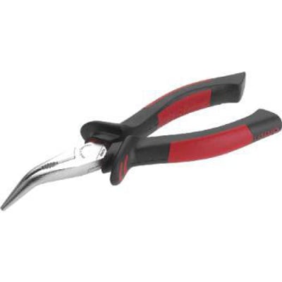 LAUS 1000V vinklet spidstang på 200 mm med røde og sorte ergonomiske greb, savtakkede kæber og skærefunktion.