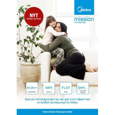 Forside af Midea Mission varmepumpe brochure fra 2019 med en kvinde og et barn der krammer foran en grøn plante, med Midea logo og produktfunktioner.